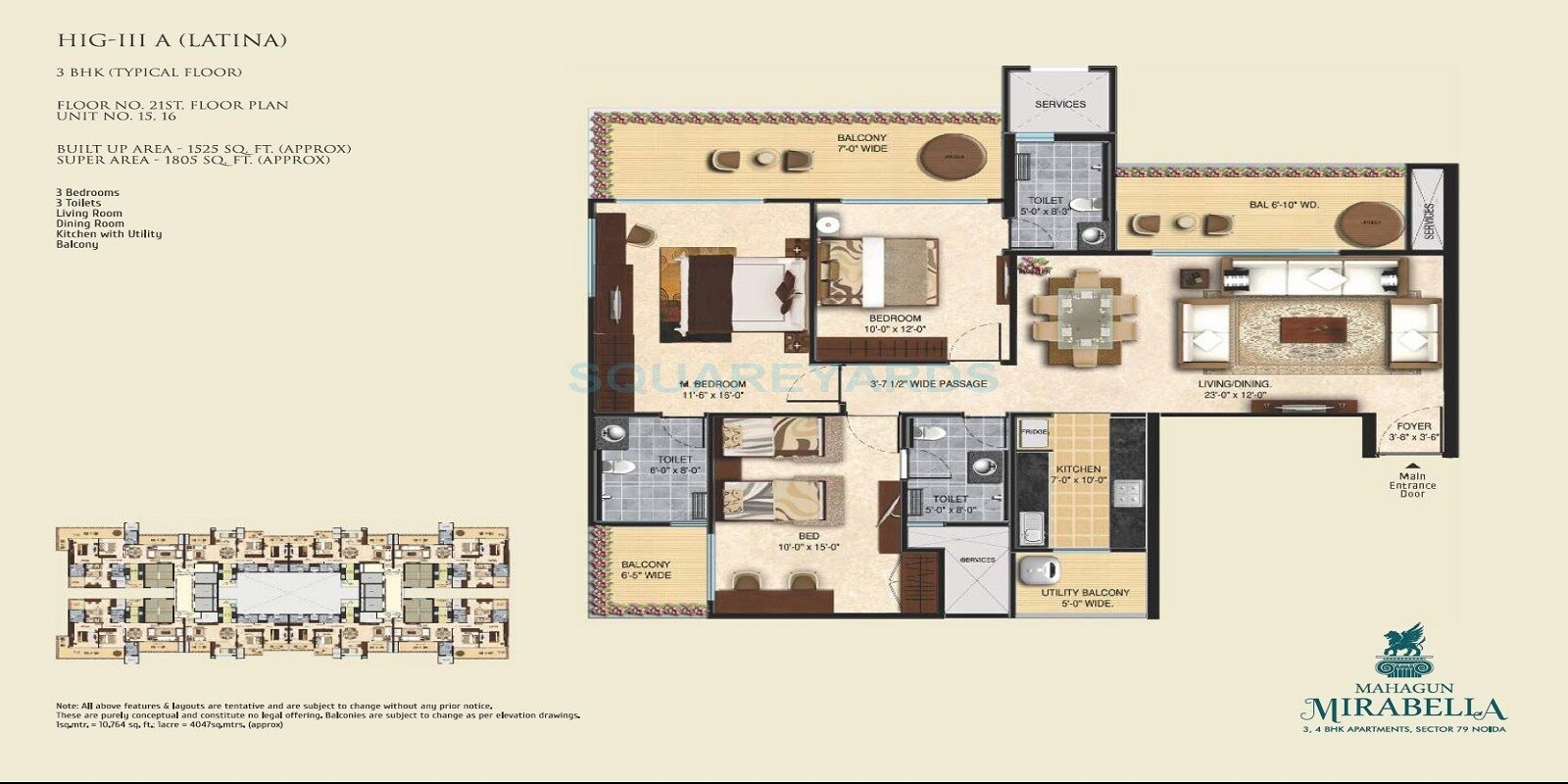 Floor plan of 3 BHK 1805 Sq. Ft. Apartment in Mahagun Mirabella, Noida
