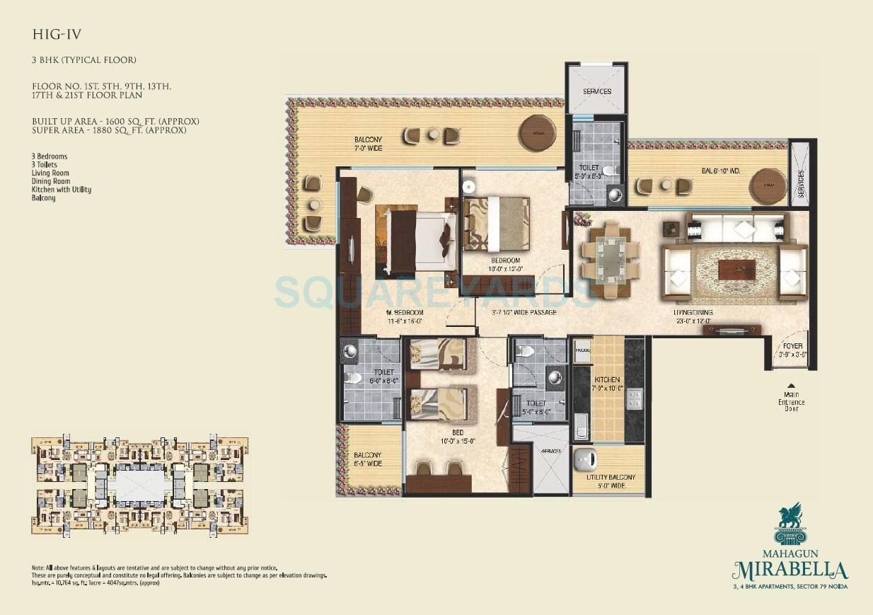 Floor plan of 3 BHK 1880 Sq. Ft. Apartment in Mahagun Mirabella, Noida