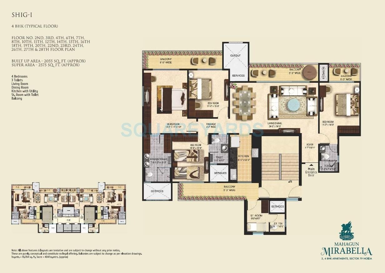 Floor plan of 4 BHK 2575 Sq. Ft. Apartment in Mahagun Mirabella, Noida