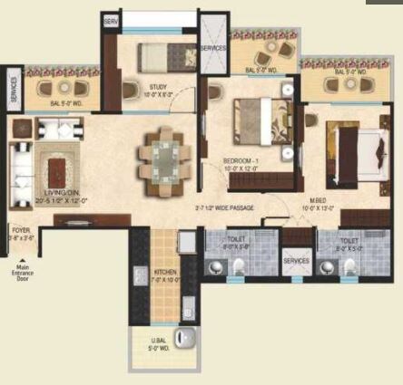 Floor plan of 2 BHK 1380 Sq. Ft. Apartment in Mahagun Mirabella Highrise, Noida