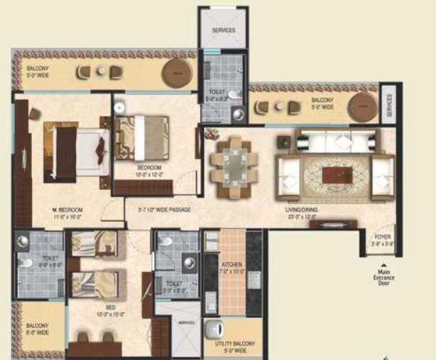 Floor plan of 3 BHK 1730 Sq. Ft. Apartment in Mahagun Mirabella Highrise, Noida