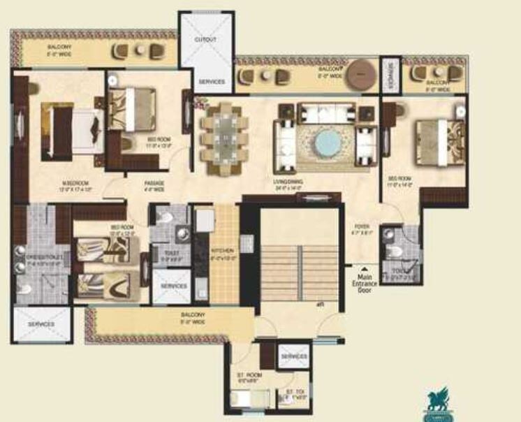 Floor plan of 4 BHK 2055 Sq. Ft. Apartment in Mahagun Mirabella Highrise, Noida