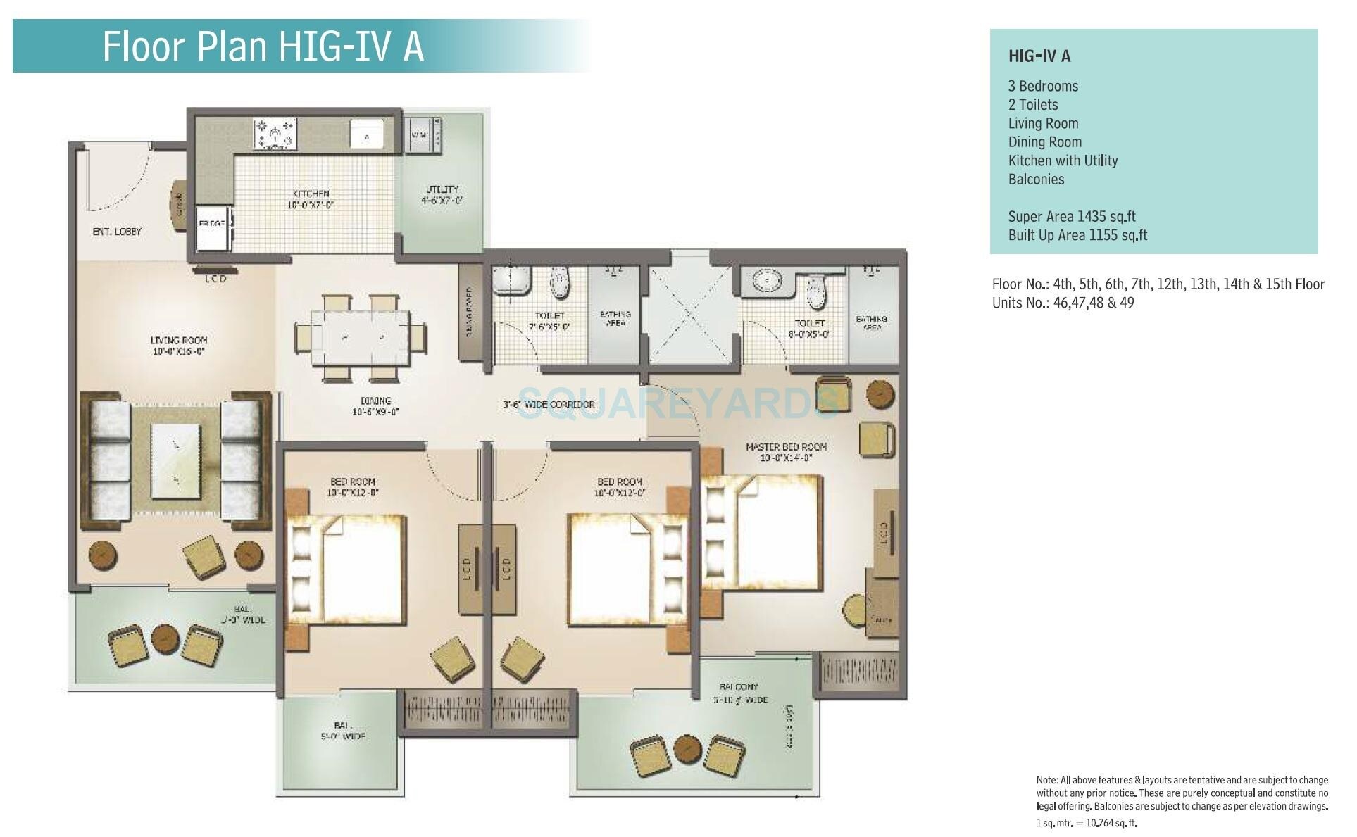 Floor plan of 3 BHK 1435 Sq. Ft. Apartment in Mahagun Moderne, Noida