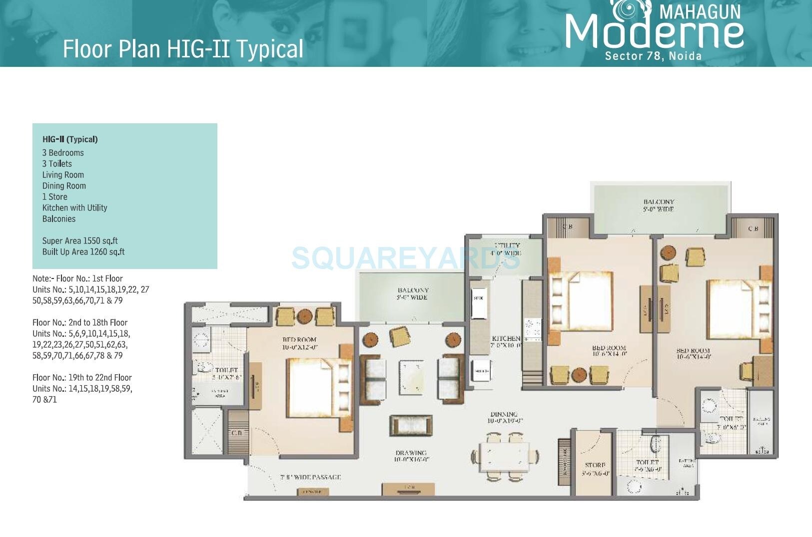 Floor plan of 3 BHK 1550 Sq. Ft. Apartment in Mahagun Moderne, Noida
