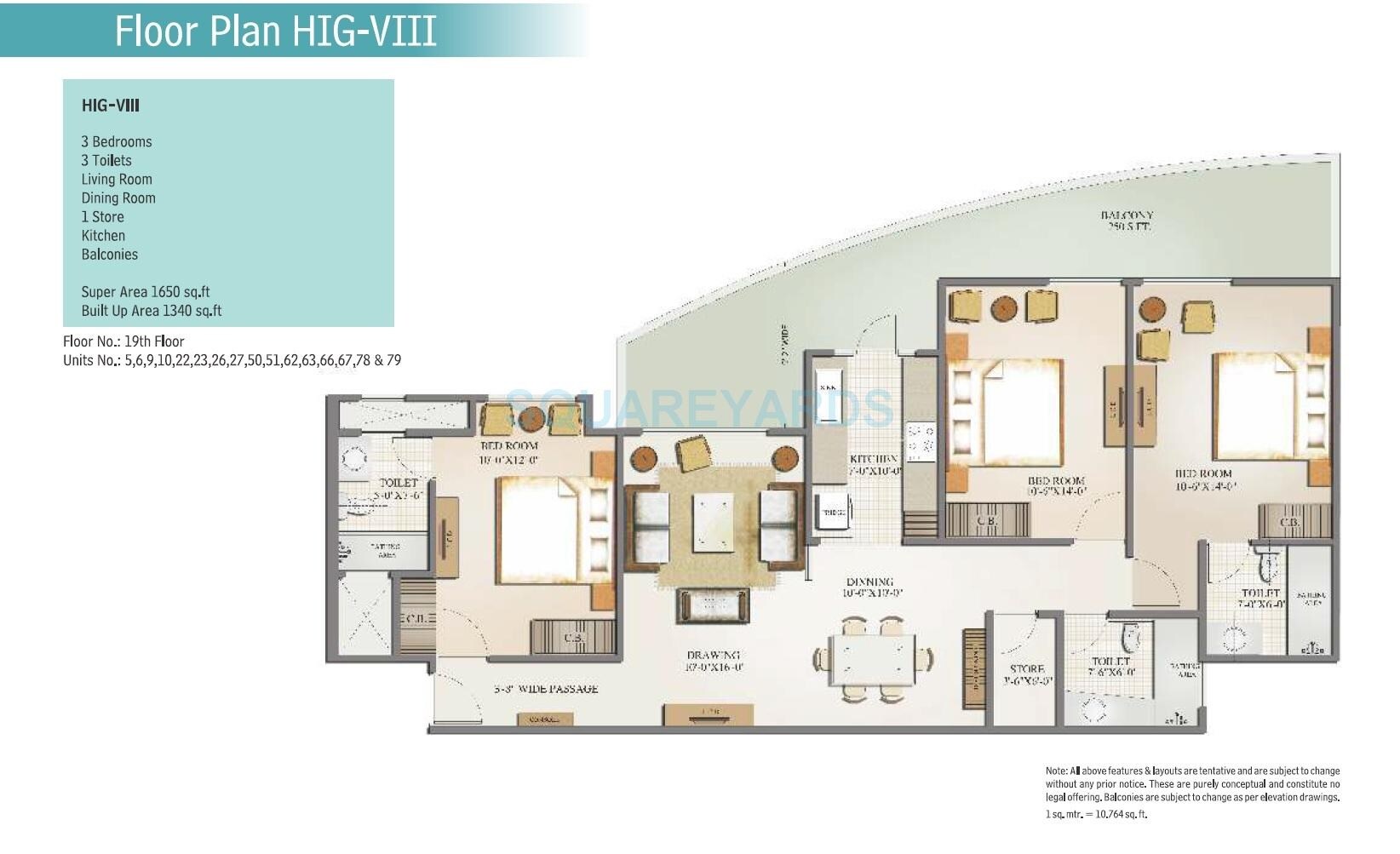Floor plan of 3 BHK 1650 Sq. Ft. Apartment in Mahagun Moderne, Noida