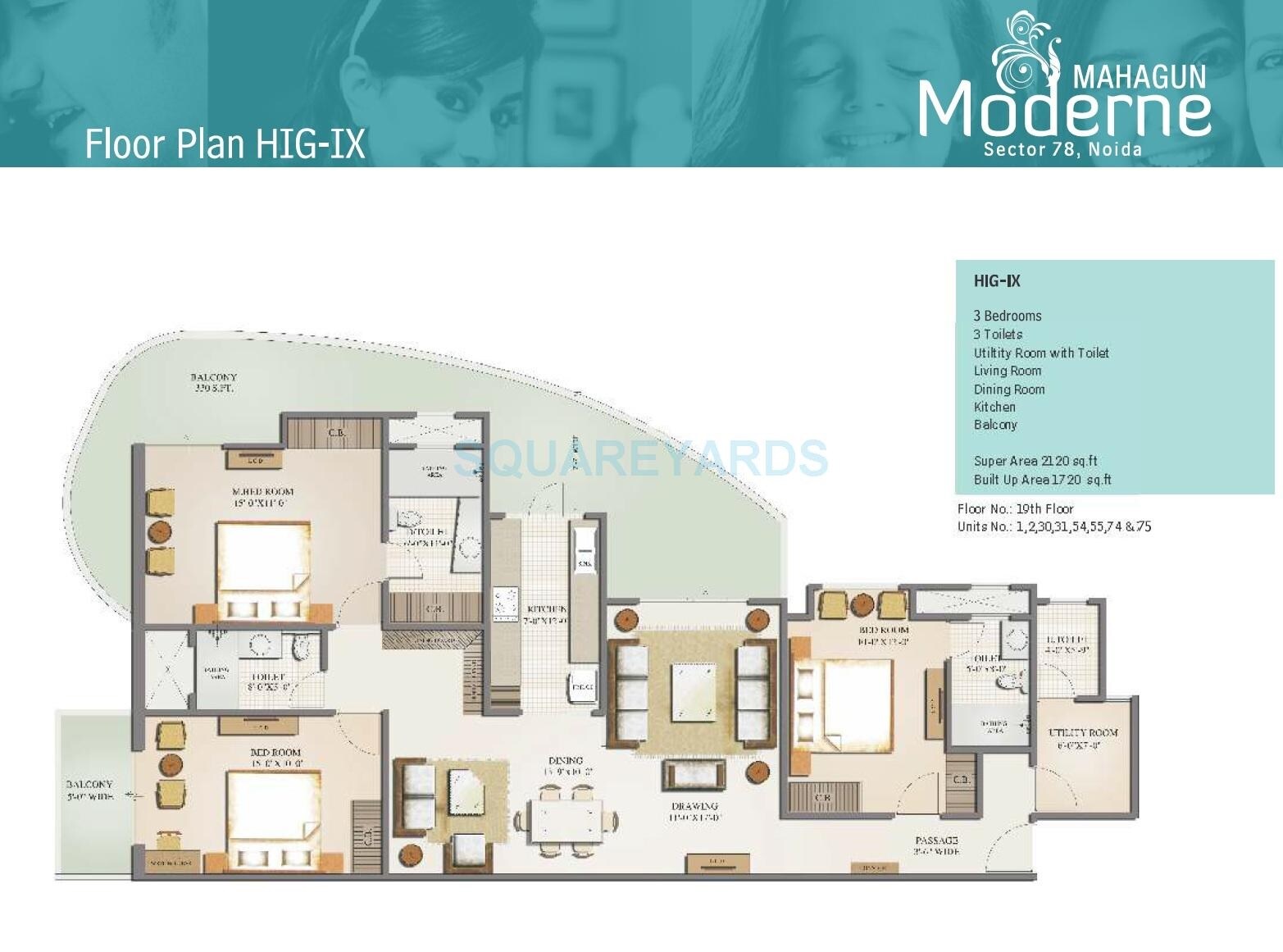 Floor plan of 3 BHK 2120 Sq. Ft. Apartment in Mahagun Moderne, Noida