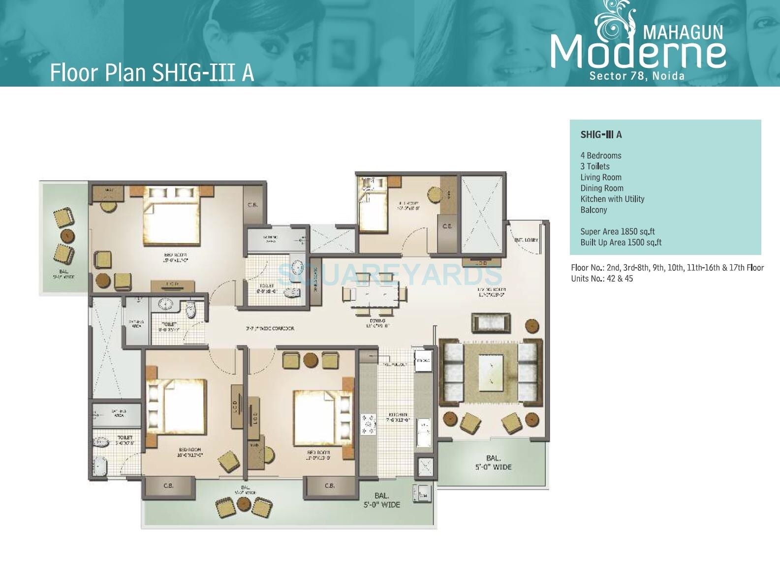 Floor plan of 4 BHK 1850 Sq. Ft. Apartment in Mahagun Moderne, Noida