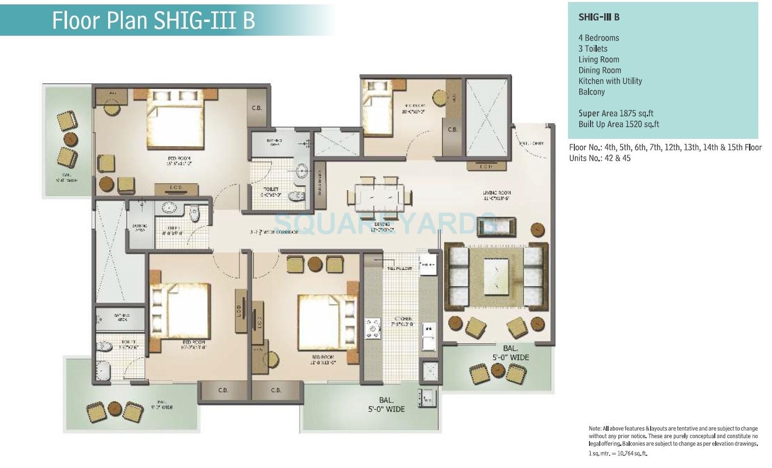 Floor plan of 4 BHK 1875 Sq. Ft. Apartment in Mahagun Moderne, Noida