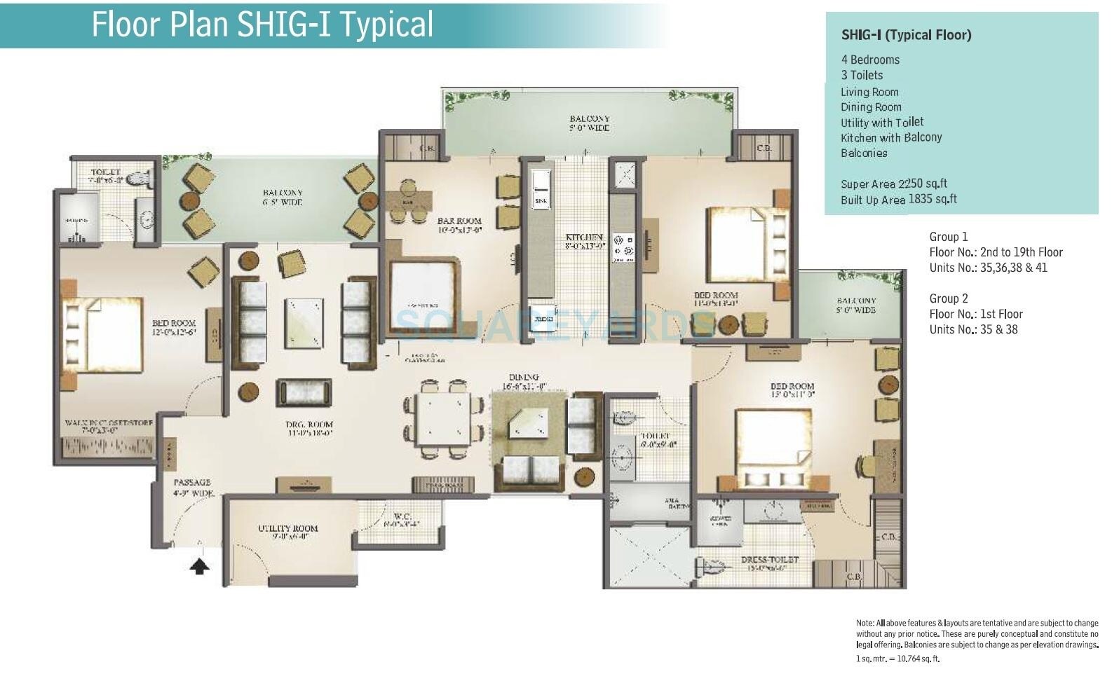 Floor plan of 4 BHK 2250 Sq. Ft. Apartment in Mahagun Moderne, Noida