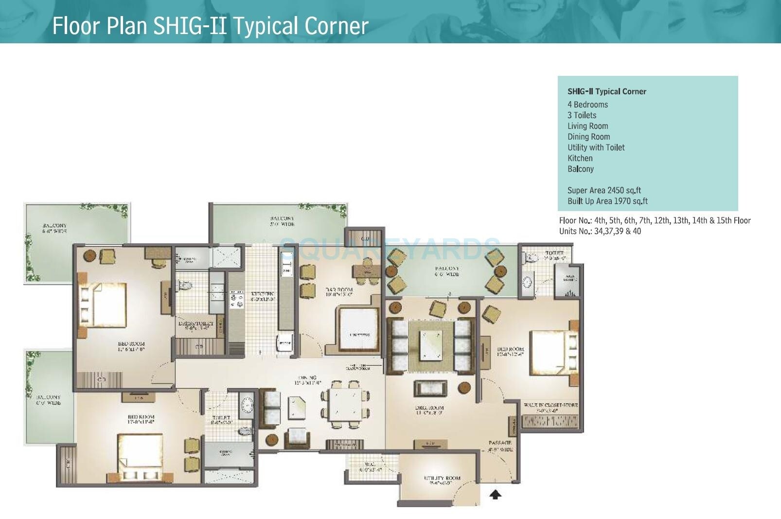 Floor plan of 4 BHK 2450 Sq. Ft. Apartment in Mahagun Moderne, Noida