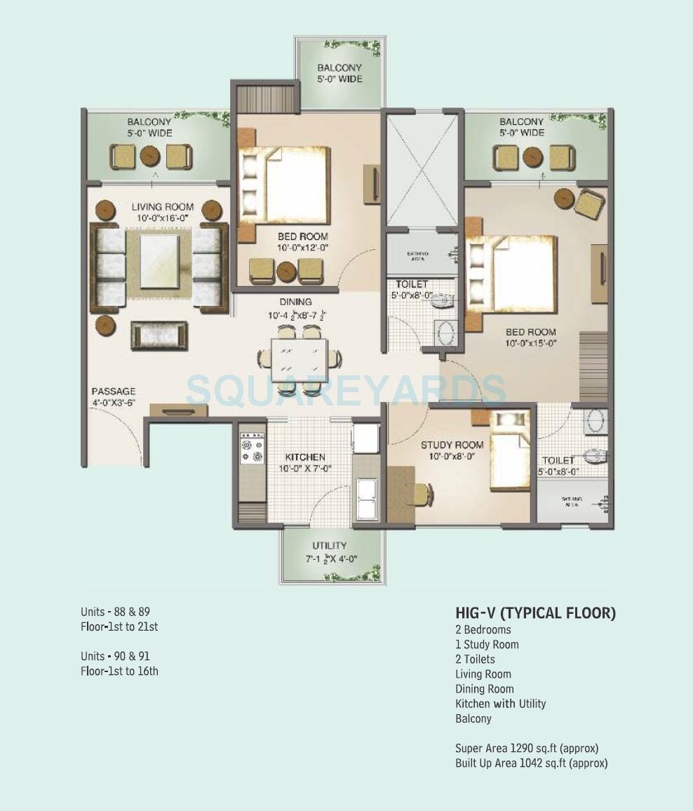 Floor plan of 2 BHK 1290 Sq. Ft. Apartment in Mahagun Moderne - Avlon and Betina, Noida