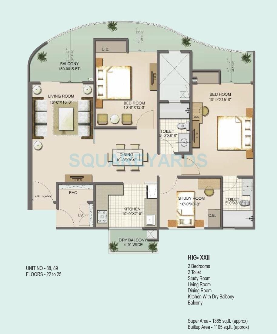 Floor plan of 2 BHK 1365 Sq. Ft. Apartment in Mahagun Moderne - Avlon and Betina, Noida