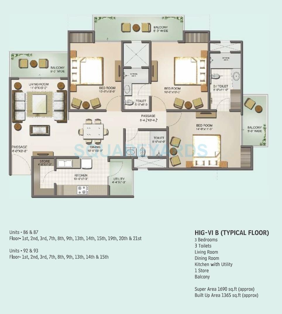 Floor plan of 3 BHK 1690 Sq. Ft. Apartment in Mahagun Moderne - Avlon and Betina, Noida