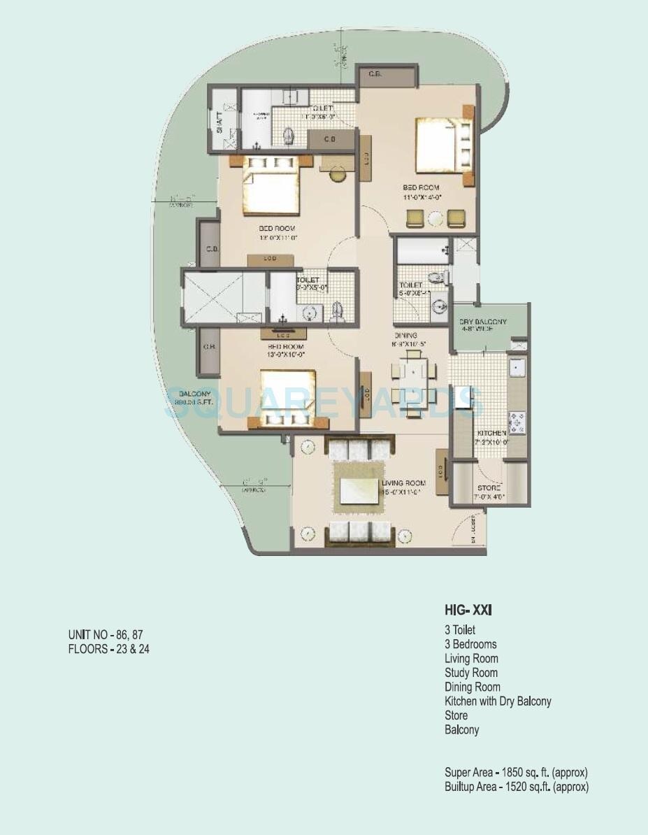 Floor plan of 3 BHK 1850 Sq. Ft. Apartment in Mahagun Moderne - Avlon and Betina, Noida