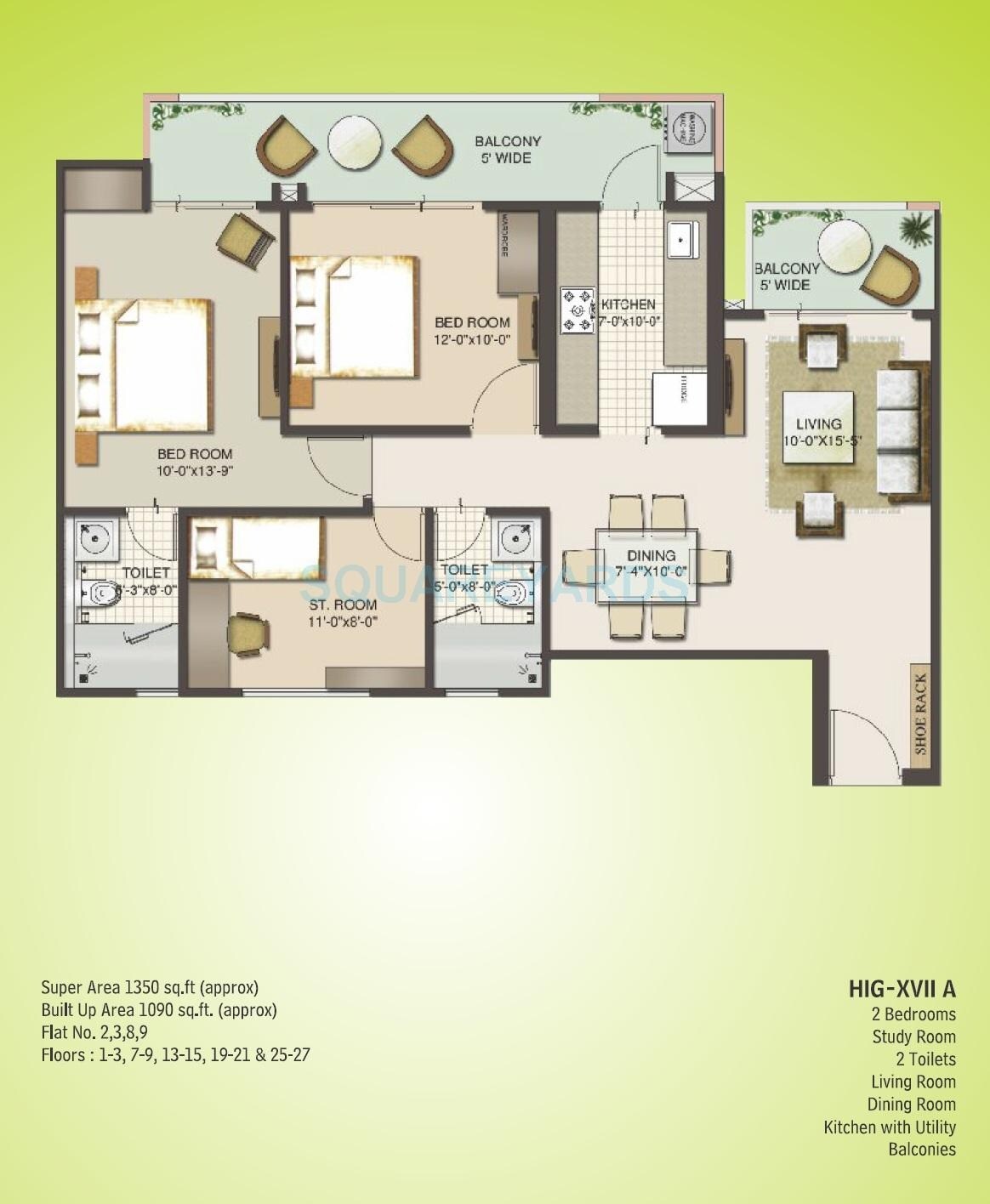 Floor plan of 2 BHK 1350 Sq. Ft. Apartment in Mahagun Moderne Verona, Noida