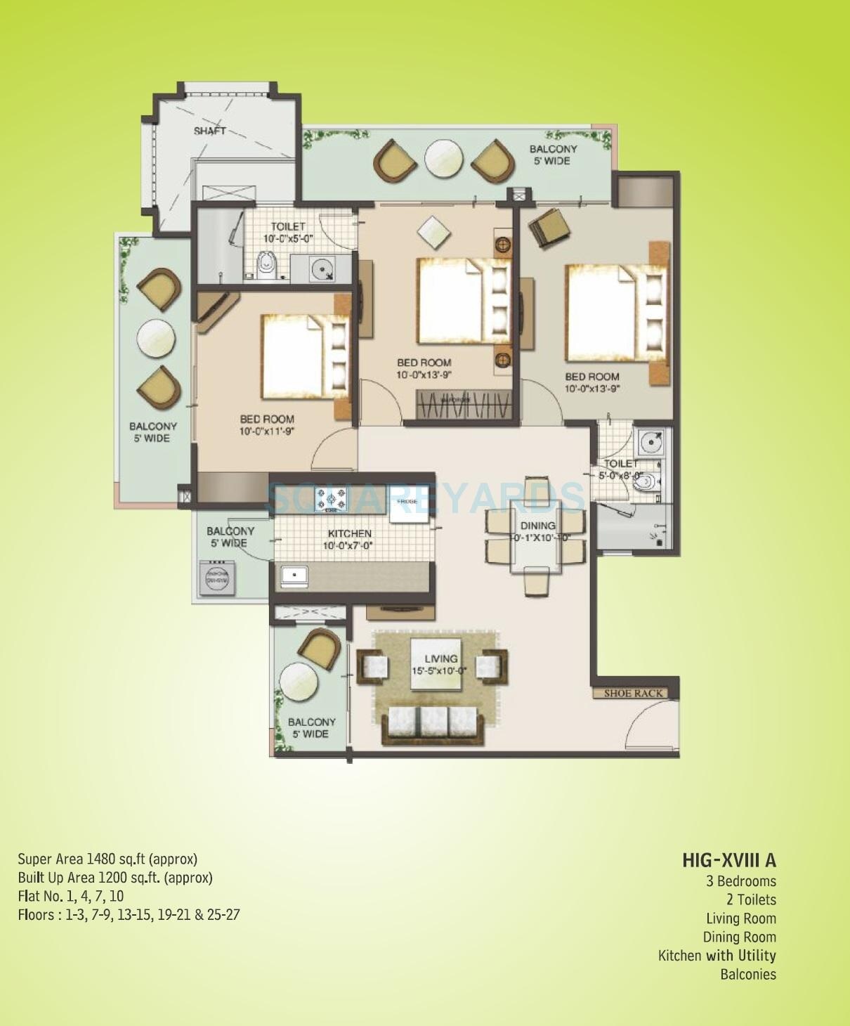 Floor plan of 3 BHK 1480 Sq. Ft. Apartment in Mahagun Moderne Verona, Noida