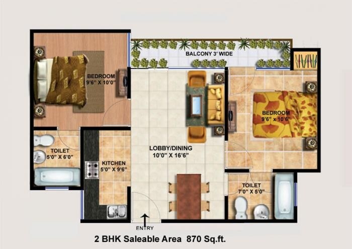 Floor plan of 2 BHK 870 Sq. Ft. Apartment in Mangalam, Noida