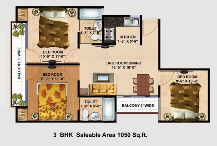 Floor plan of 3 BHK 1050 Sq. Ft. Apartment in Mangalam, Noida