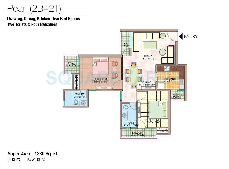 Floor plan of 2 BHK 1280 Sq. Ft. Apartment in Manisha Marvel Homes, Noida