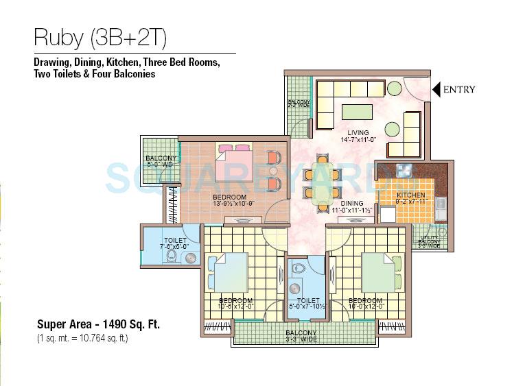 Floor plan of 3 BHK 1490 Sq. Ft. Apartment in Manisha Marvel Homes, Noida