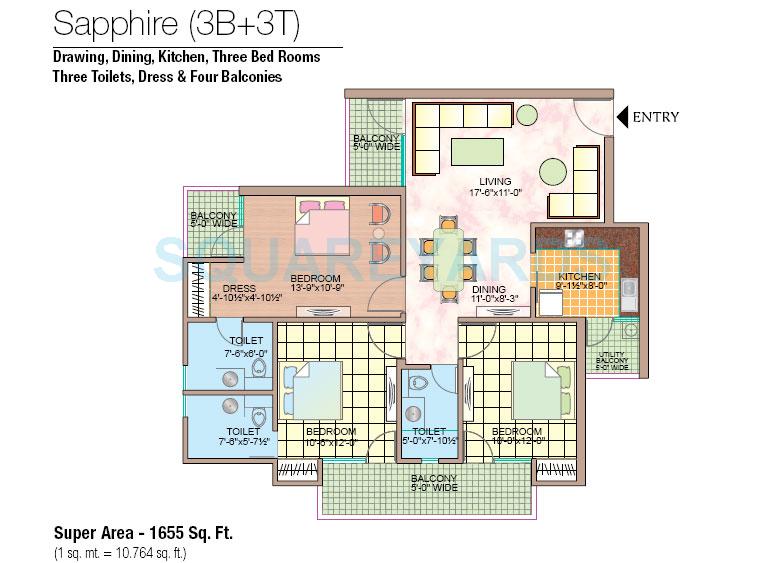 Floor plan of 3 BHK 1655 Sq. Ft. Apartment in Manisha Marvel Homes, Noida