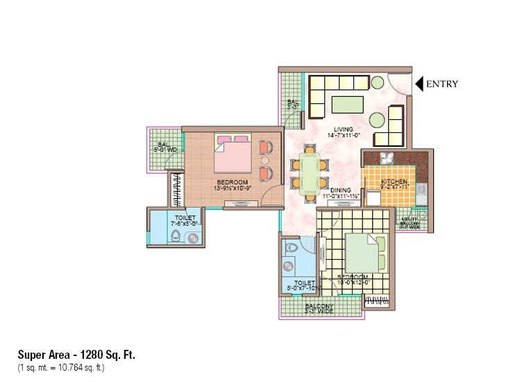 Floor plan of 2 BHK 1280 Sq. Ft. Apartment in Marvel Homes, Noida