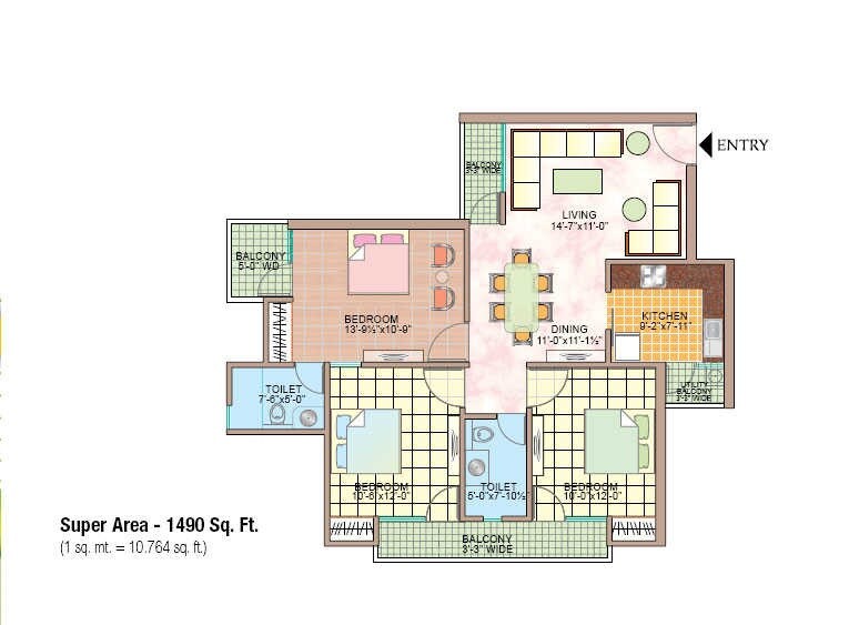 Floor plan of 3 BHK 1490 Sq. Ft. Apartment in Marvel Homes, Noida