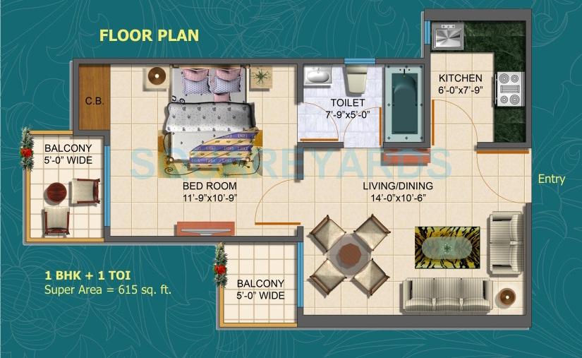 Floor plan of 1 BHK 615 Sq. Ft. Apartment in Maxblis Grand Kingston, Noida