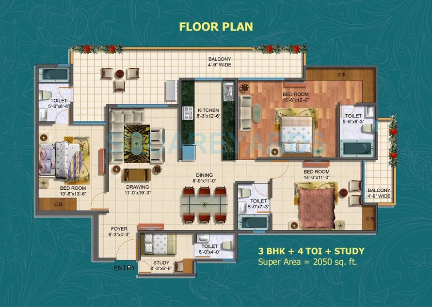 Floor plan of 3 BHK 2050 Sq. Ft. Apartment in Maxblis Grand Kingston, Noida
