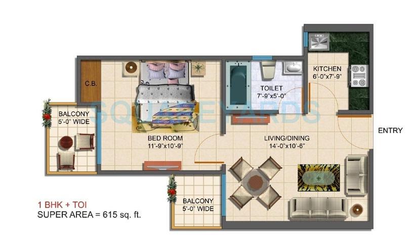 Floor plan of 1 BHK 615 Sq. Ft. Apartment in Maxblis Grand Wellington, Noida