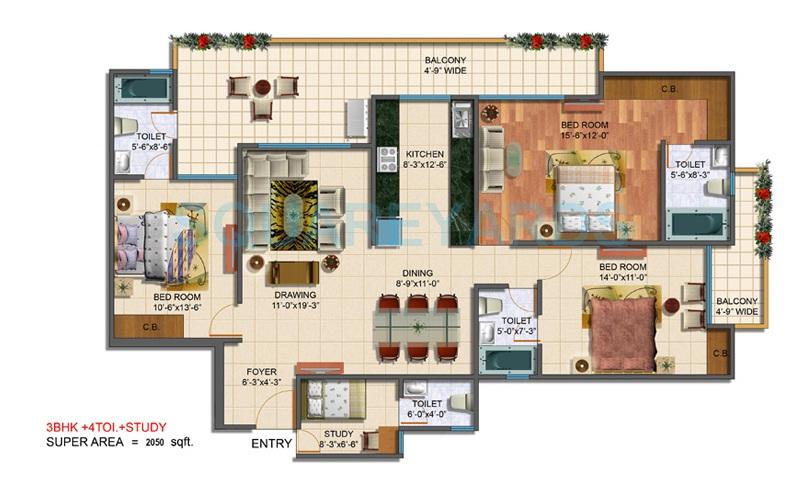 Floor plan of 3 BHK 2050 Sq. Ft. Apartment in Maxblis Grand Wellington, Noida