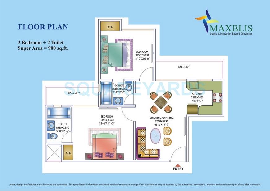 Floor plan of 2 BHK 900 Sq. Ft. Apartment in Maxblis White House, Noida