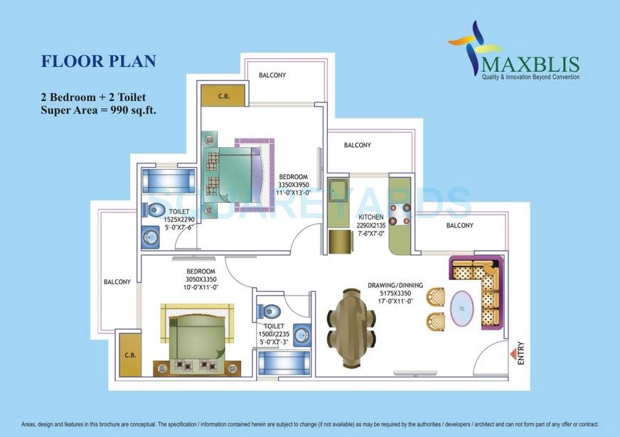 Floor plan of 2 BHK 990 Sq. Ft. Apartment in Maxblis White House, Noida