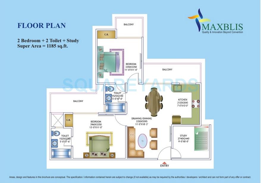 Floor plan of 2 BHK 1185 Sq. Ft. Apartment in Maxblis White House, Noida