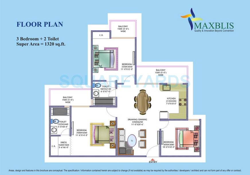 Floor plan of 3 BHK 1320 Sq. Ft. Apartment in Maxblis White House, Noida