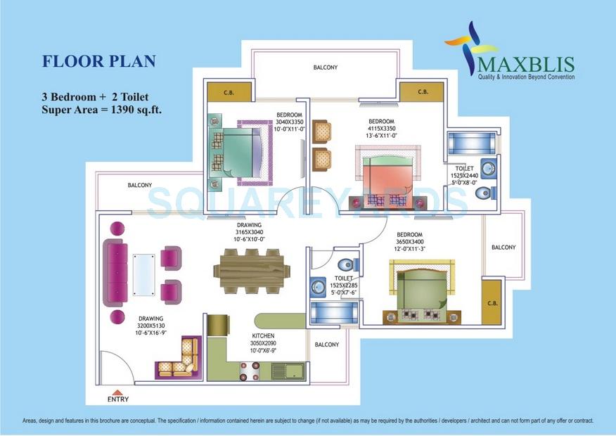 Floor plan of 3 BHK 1390 Sq. Ft. Apartment in Maxblis White House, Noida