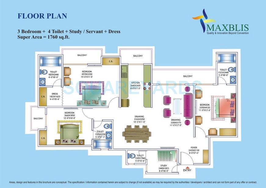 Floor plan of 3 BHK 1760 Sq. Ft. Apartment in Maxblis White House, Noida