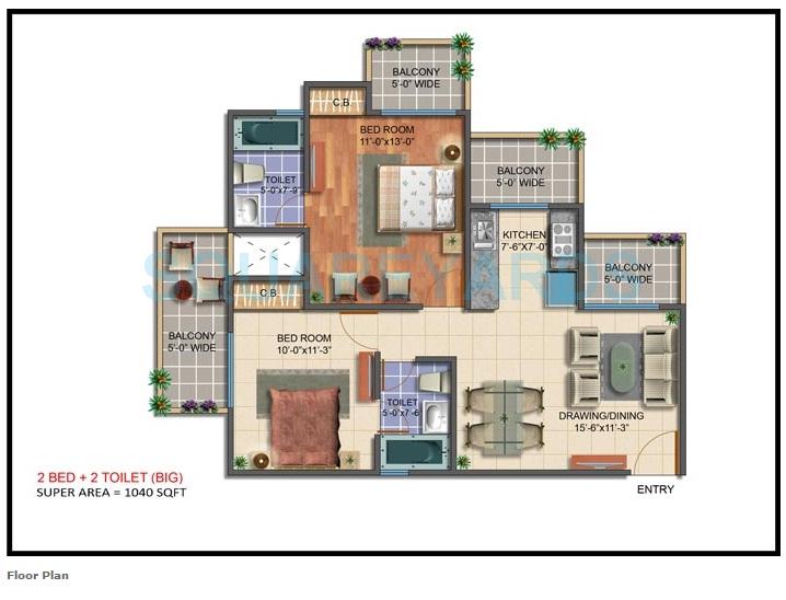 Floor plan of 2 BHK 1040 Sq. Ft. Apartment in Maxblis White House-II, Noida
