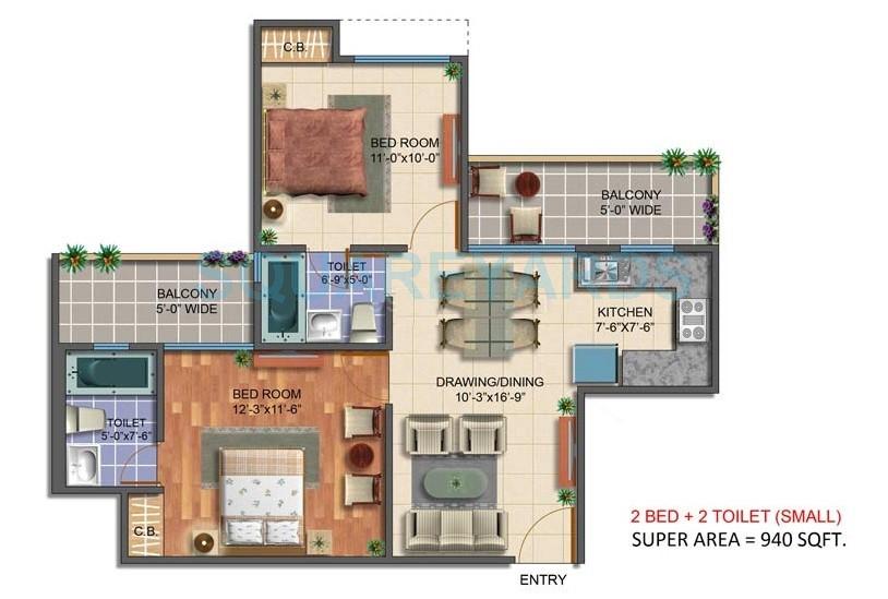 Floor plan of 2 BHK 940 Sq. Ft. Apartment in Maxblis White House-II, Noida