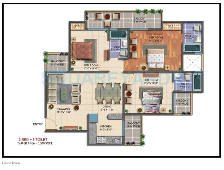 Floor plan of 3 BHK 1500 Sq. Ft. Apartment in Maxblis White House-II, Noida