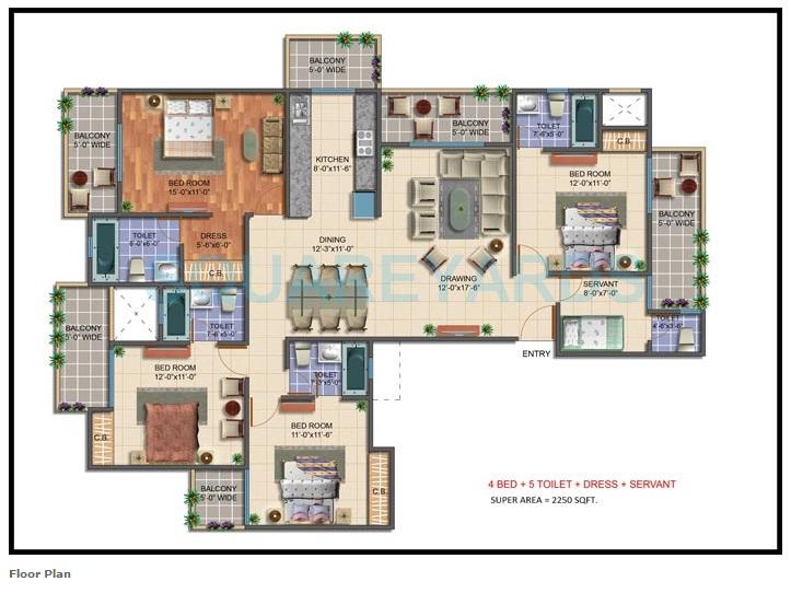 Floor plan of 4 BHK 2250 Sq. Ft. Apartment in Maxblis White House-II, Noida