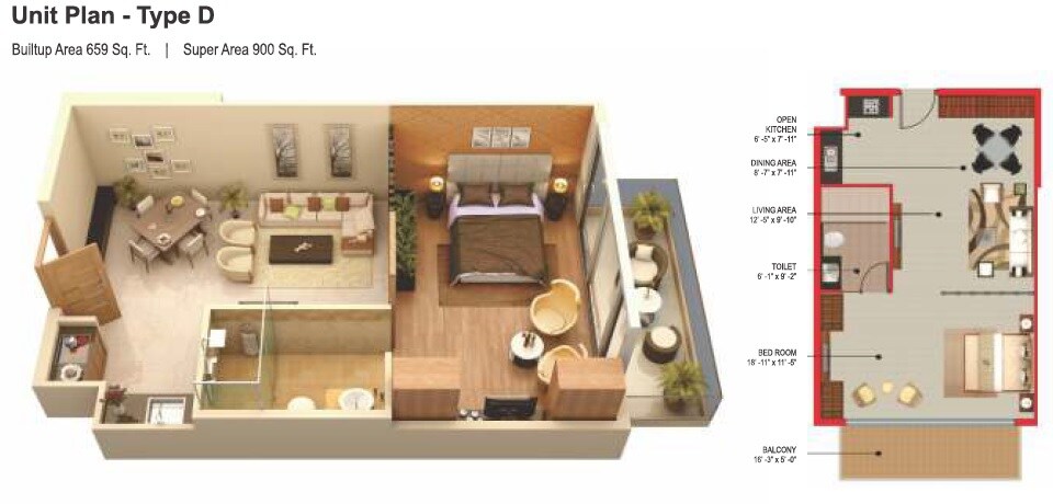 Floor plan of 659 Sq. Ft. Studio in MMR Saha The Orabella, Noida