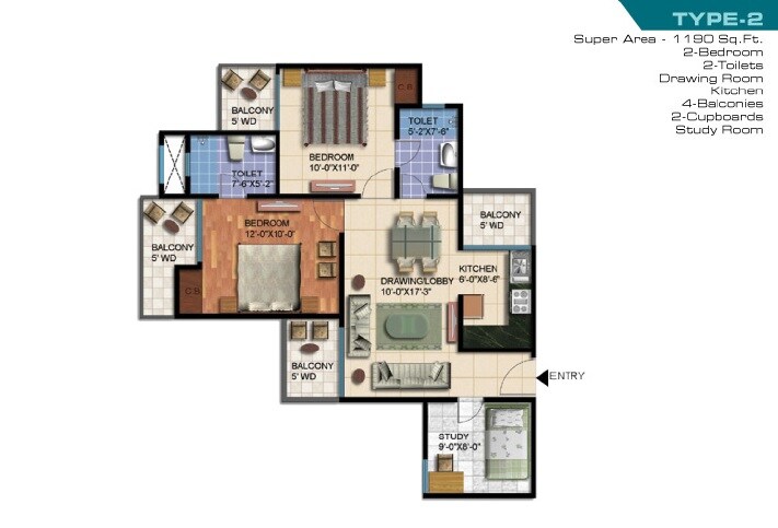 Floor plan of 2 BHK 1190 Sq. Ft. Apartment in NCR Olympia, Noida