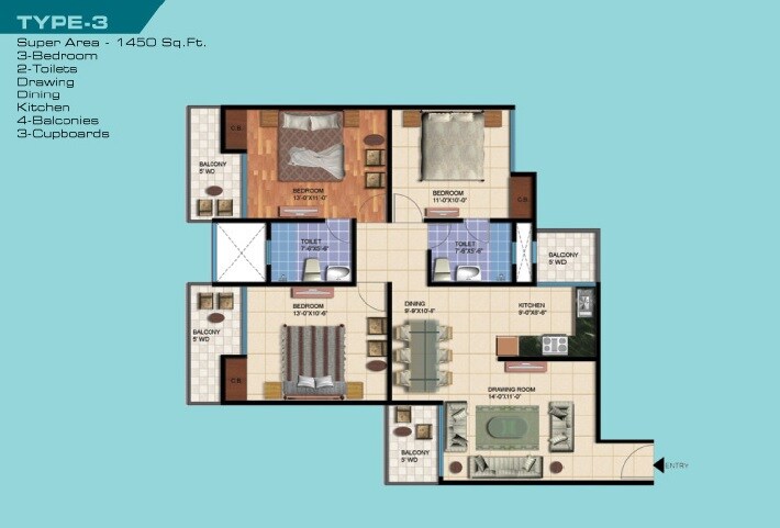 Floor plan of 3 BHK 1450 Sq. Ft. Apartment in NCR Olympia, Noida