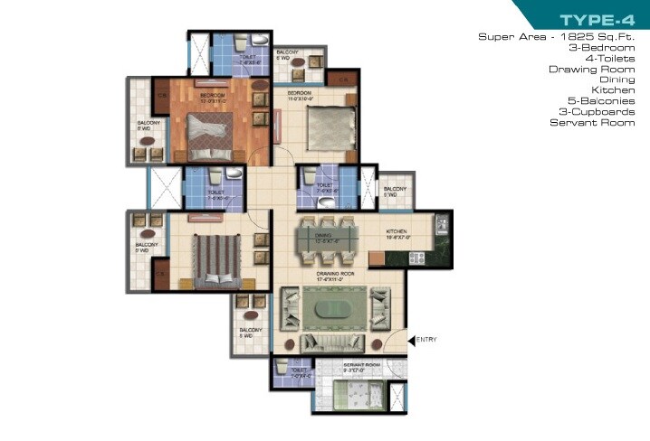 Floor plan of 3 BHK 1825 Sq. Ft. Apartment in NCR Olympia, Noida