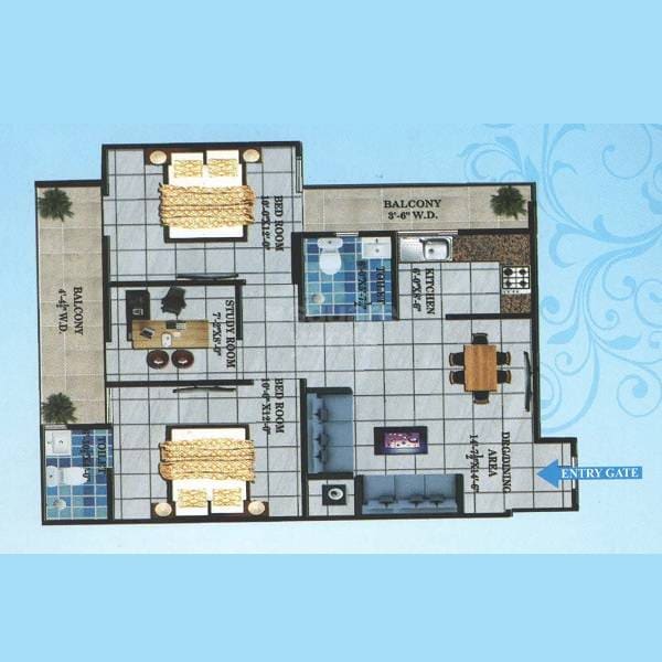 Floor plan of 2 BHK 1000 Sq. Ft. Apartment in Nehra Royal Avenue, Noida