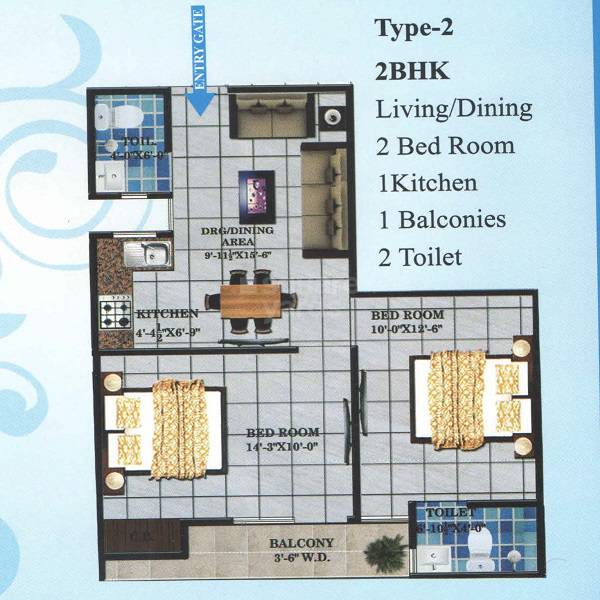 Floor plan of 2 BHK 1250 Sq. Ft. Apartment in Nehra Royal Avenue, Noida