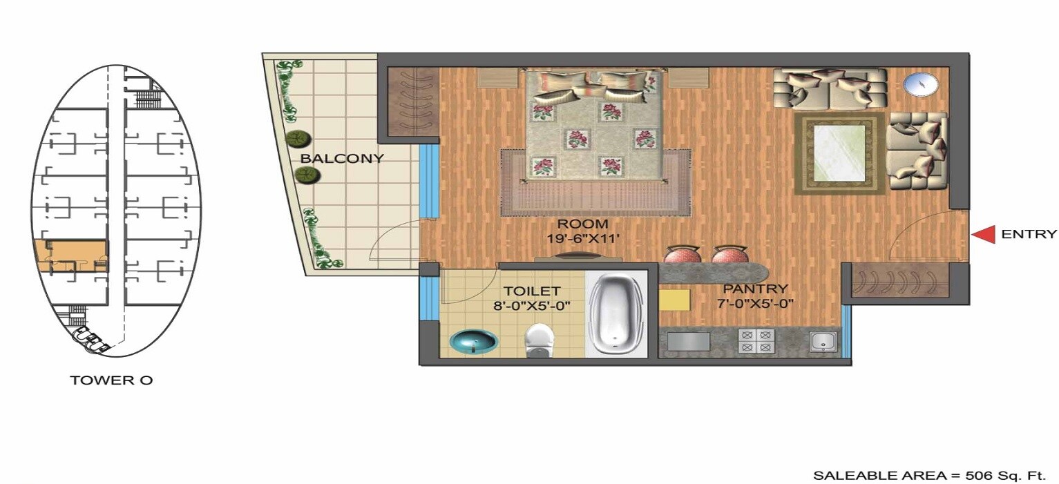 Floor plan of 1 BHK 506 Sq. Ft. Apartment in Nimbus The Golden Palm, Noida