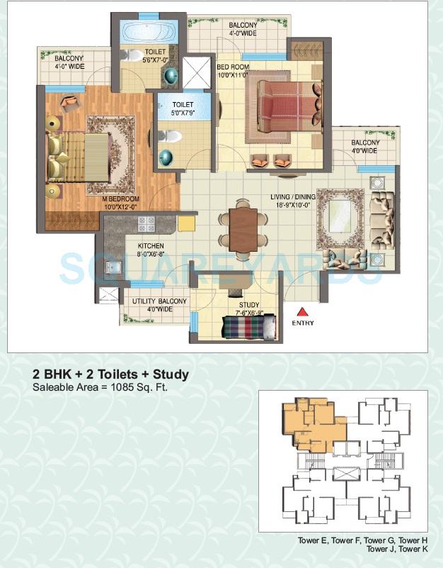 Floor plan of 2 BHK 1085 Sq. Ft. Apartment in Nimbus The Golden Palm, Noida