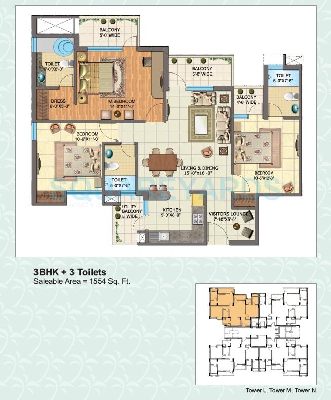 Floor plan of 3 BHK 1554 Sq. Ft. Apartment in Nimbus The Golden Palm, Noida